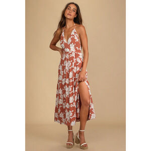 Lulus Follow The Summer Orange Floral Print Halter Midi Dress - Size XS